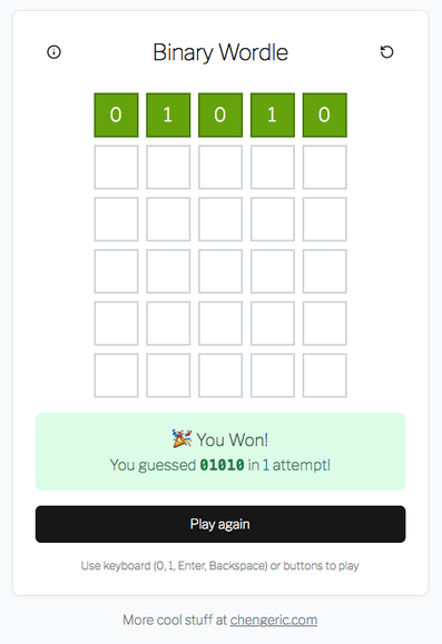 A screenshot of the game "Binary Wordle". The user won in a single attempt at guessing the binary number.