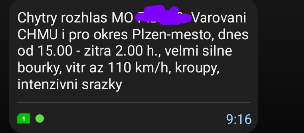 Chytry rozhlas MO XXXXXX: Varovani CHMU i pro okres Plzen-mesto, dnes od 15.00 - zitra 2.00 h., velmi silne bourky, vitr az 110 km/h, kroupy, intenzivni srazky