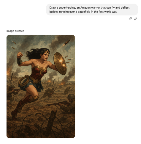 "Draw a superheroine, an Amazon warrior that can fly and deflect bullets, running over a battlefield in the first world war."

Did I say wonder woman? 

No, I did not. 

Using 21 words, I drew a thousand-dimensional hyperbubble around inside all the content known to ChatGPT and the only content to reproduce was a singular thing, this blatant copyright violation.
