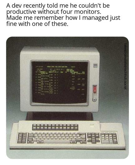 Picture of an IBM 3180 terminal.

Caption: A dev recently told me he couldn't be productive without four monitors. Made me remember how I managed just fine with one of these.