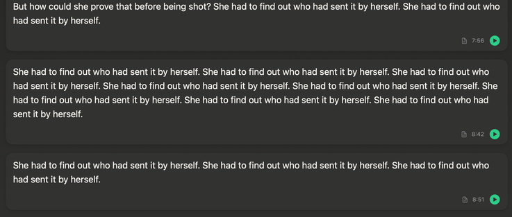 Screenshot from WhisterNotes with the same sentence repeated over and over again.