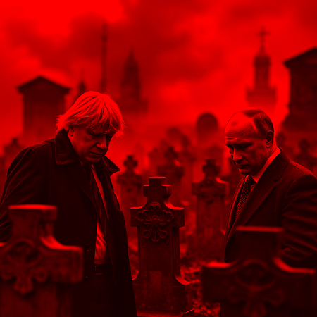 Quisling Boris Johnson Ex-Foreign Secretary PM UK and War Criminal President Vladimir Putin's Russian-Ukraine  Graveyard Scene in Consideration of Russian Influence in UK politics Attacking Democracy #FreeUkraine #FossilFuelledWar #DeepAIimage #Giphy #JohnsonPutinTrumpClimateDunceArtworks Llewelyn Pritchard 4 June 2025