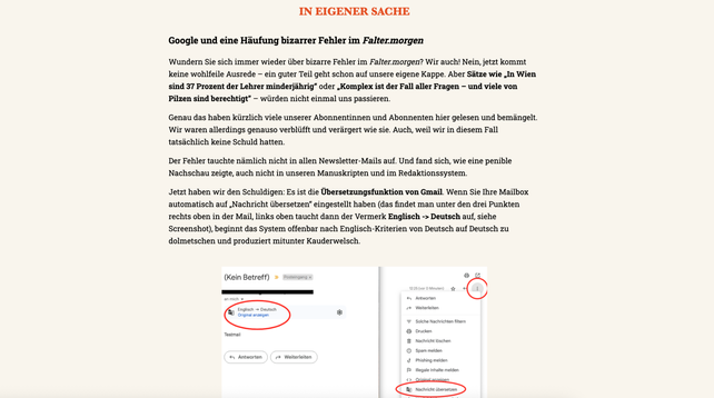 Die Falter-Newsletter-Redaktion beschreibt den Übersetzungsfehler.
