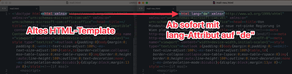 Das hinzugefügte lang-Attribut im HTML.