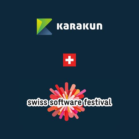 Karakun company logo together with the Swiss flag showing support of Swiss Software Festival (logo at the bottom). All placed on dark blue background.