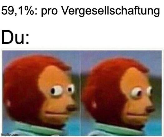 Meme mit der Affenpuppe Kento, die erst herschaut, dann betreten wegschaut. Darüber stehen die auf den Berliner Volksentscheid bezogenen Zeilen:
59,1 %: pro Vergesellschaftung
Du: