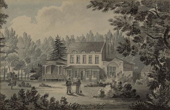 Inkwash drawing of a fine two-storey house surrounded by trees and shrubs. Two men are standing on the lawn outside the house.