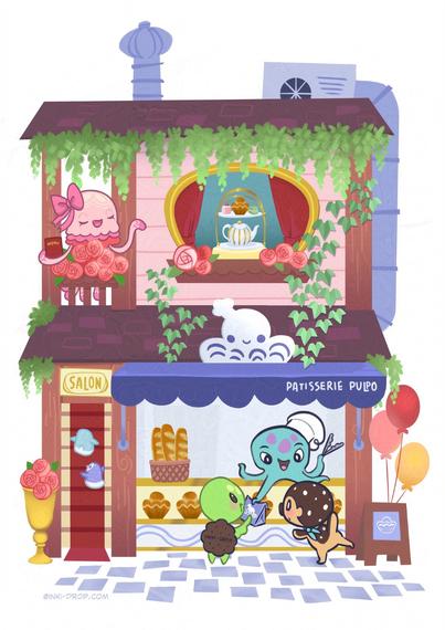 Illustrated scene of cute animal characters in a bakery/tea shop.