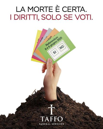 @pierostrada L'immagine presenta una mano che emerge da una montagna di terra scura, simbolizzando la morte. La mano tiene un fascio di schede elettorali colorate, con una scheda verde in primo piano che recita "Referendum 8 e 9 giugno 2025" e "SI" e "NO" in bianco. Sopra la mano, in caratteri grandi e in grassetto, si legge "LA MORTE È CERTA. I DIRITTI, SOLO SE VOTI." In basso, il logo "TAFFO FUNERAL SERVICES" è visibile. L'immagine utilizza un contrasto tra la terra e le schede elettorali per sottolineare l'importanza del voto per garantire i diritti, con un messaggio che collega la morte alla necessità di partecipare democraticamente.

Fornito da @altbot, generato localmente e privatamente utilizzando Ovis2-8B

🌱 Energia utilizzata: 0.219 Wh