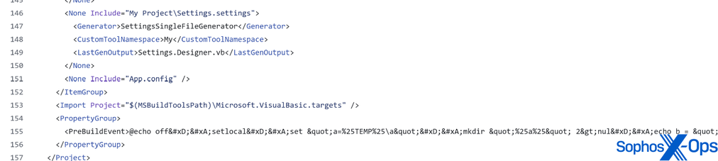 A screenshot of a .NET project file, showing a long truncated string in the PreBuildEvent field