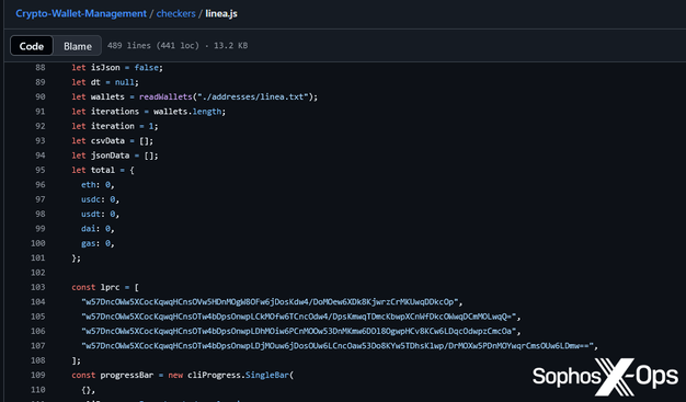 A screenshot of JavaScript code, showing four obfuscated string variables