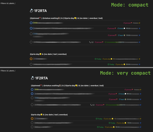 Compact mode userstyle applied to todoist web app → compact mode at the top, very-compact mode at the bottom