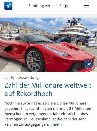 Sendung verpasst?
Jährliche Auswertung
Zahl der Millionäre weltweit auf Rekordhoch
Noch nie zuvor hat es so viele Dollar-Millionäre gegeben. Insgesamt hatten mehr als 23 Millionen Menschen im vergangenen Jahr ein solch hohes Vermögen. In Deutschland ist die Zahl der sehr Reichen zurückgegangen. | mehr🖖