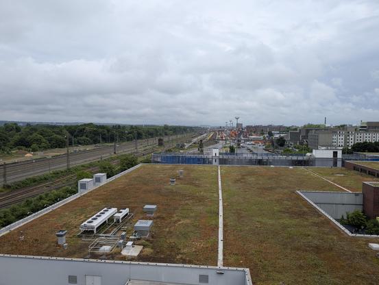Blick von einem begrünten Dach auf Bahngleise, ein Rangierbahnhof mit bunten Containern und städtischen Gebäuden unter einem bewölkten Himmel. Die Szene verbindet Natur, Infrastruktur und Industrie.