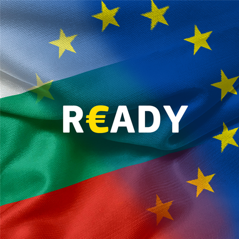 The word "READY" in white capital letters, with the "E" replaced by a yellow euro symbol, superimposed over a background split diagonally. The top left half shows a white and green section of the Bulgarian flag, and the bottom right half shows the blue and yellow stars of the European Union flag.