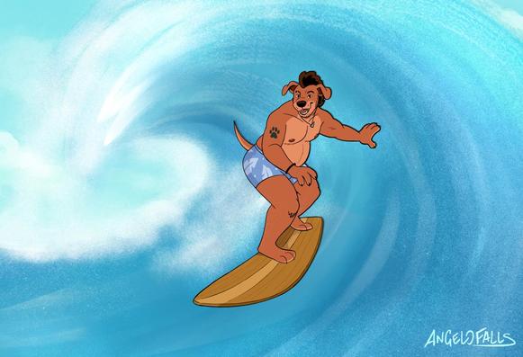 An illustration of Angelo, a trans male anthro pitador dog with a curly mohawk and chest scars. Surfing inside the tube of a wave.