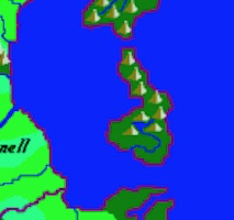 The first ever image of the Island of Sancthor from 2002. This was created using Paint. The island is shaped like a slightly bent teardrop, is a dark green, has a single lake with a river that flows south, and has scattered mountains. The mainland is partially visible and is a lighter green.