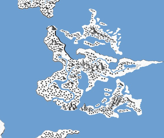In 2017, while performing the colorization project, Sancthor Island gained its distinctive rightward facing arrowhead shape. The western half is the same, but the island now extends to the right with higher mountains at center and more lakes, rivers, and tree symbols. In addition, two other large island have been added, one above and one below, along with quite a few smaller islands. Although detail is scarce, the archipelago at last has its final, rounded shape. This was also done in Photoshop Elements.