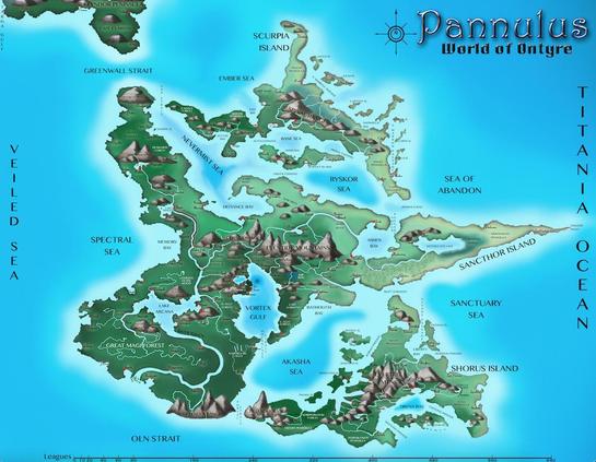 A color map of the archipelago Republic of Pannulus, which is located off the northeast coast of the Continent of Tremjara. The roughly circular island group is surrounded by the Veiled Sea to the west, Greenwall Strait to the northwest, Oln Strait to the southwest, and the Titania Ocean elsewhere.

Of the over twenty islands, the primary island, Sancthor, is larger than the others combined at about sixty percent. Centered in the group, and shaped like an arrowhead, it points into the ocean. Enormous Lake Arcana is in the west, the nation’s capital, Arthune, on its eastern shore. To the south where the arrowhead narrows is the Vortex Gulf. The Mysquanmic Vortex is located there and influences all aspects of Pannulus life. The Eventide Mountains dominate its center.

The next two largest islands, about equal in size, make up over thirty percent of Pannulus. Shorus, shaped like a bucking bronco, its tail to the north and head low, is in the extreme south and separated from Sancthor by the Akasha Sea. The Evertree Mountains fill its center. Subtonia Island, the fifth largest island, is between the bronco’s legs. Scurpia Island, shaped like a scorpion, its pincers facing northwest, is in the north, the Spinal Range running along its length. It’s separated from Sancthor Island by the Nevermist Sea and Ryskor Sea.

Also separating Scurpia from Sancthor is Serpent Island, the nation’s fourth largest. The country’s other islands are scattered.