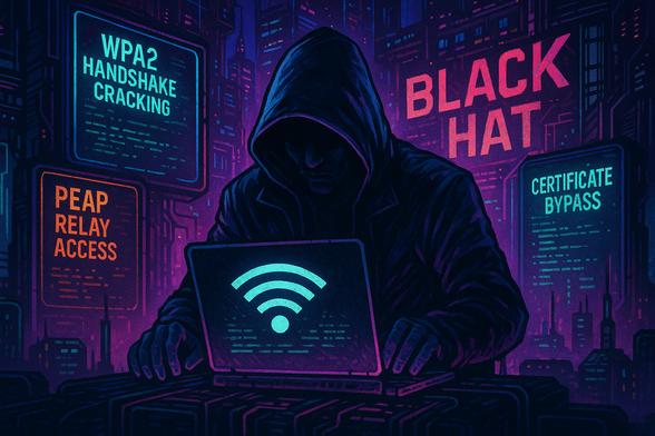 A DALL-E generated image of a hooded person behind a computer with a large glowing wifi symbol on it. In the background are neon posters with the words WPA2 handshake cracking, PEAP relay access, certificate bypass and BLACK HAT. The style is neon cyberpunk.
