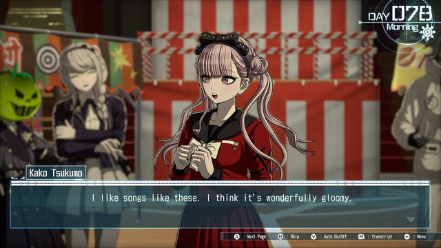 Screenshot from The Hundred Line: Last Defense Academy. Kako Tsukumo: “I like songs like these. I think it’s wonderfully gloomy.”