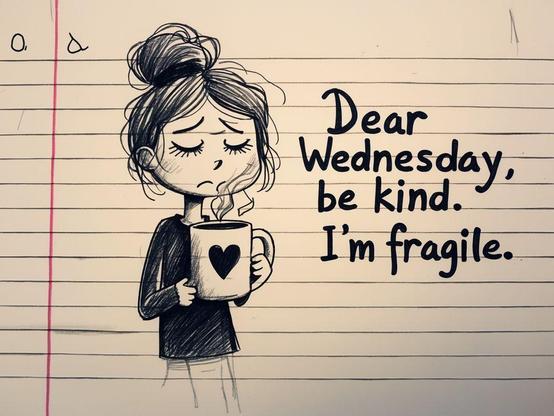 Tired woman with her coffee asking Wednesday to be kind as she is quite fragile today.