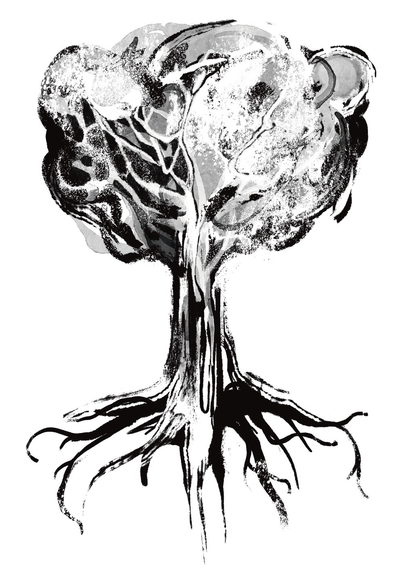 Mixed media of a tree with exposed roots