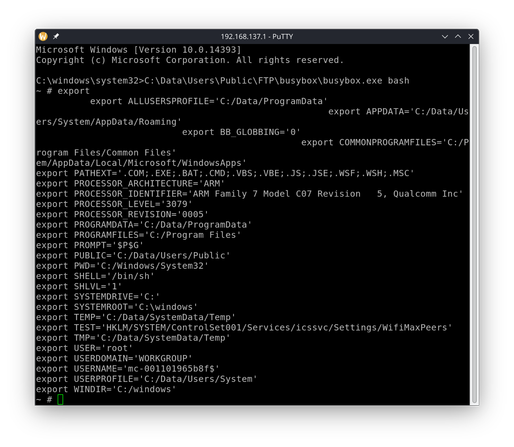 A PuTTY instance connected via telnet to a Nokia Lumia 650 running Windows Phone (W10M) running Bash, showing the current environment variables via the "export" commands