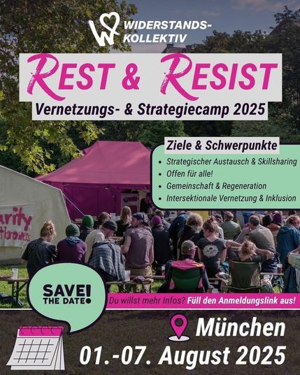 menschen zwischen pavillions. im hintergrund bäume. darüber die Infos aus dem Post