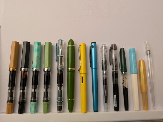 Fountain pens lined up from left to right: twsbi eco espresso bronze, twsbi eco black, twsbi eco Amazonite, twsbi eco matcha, Nahvalur winter stub, jinhao x159 green, Lamy safari yellow, pilot explorer metallic blue, platinum preppy clear, platinum preppy black, Noodler's Charlie pen, pilot kakuno soft blue, kaweco apricot pearl, pilot iro-utsushi transparent dip pen