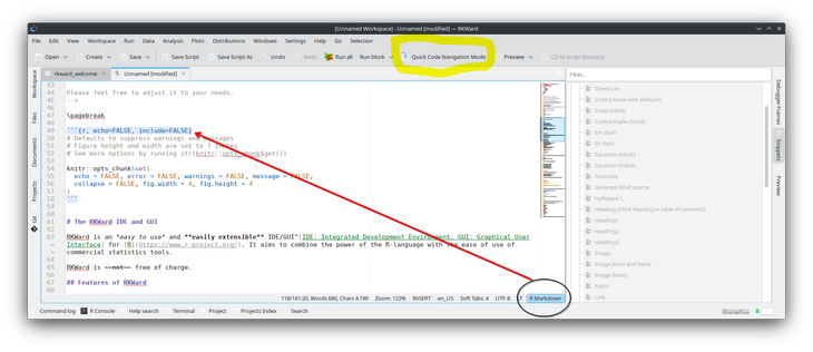 Screenshot of RKWard featuring the new Code Navigation tool highlighted in yellow in the top right corner. A red arrow points from the highlight to an example of RMarkdown syntax highlighting within the editor window. The interface includes various menus and panels, with the interface emphasised at the bottom right.