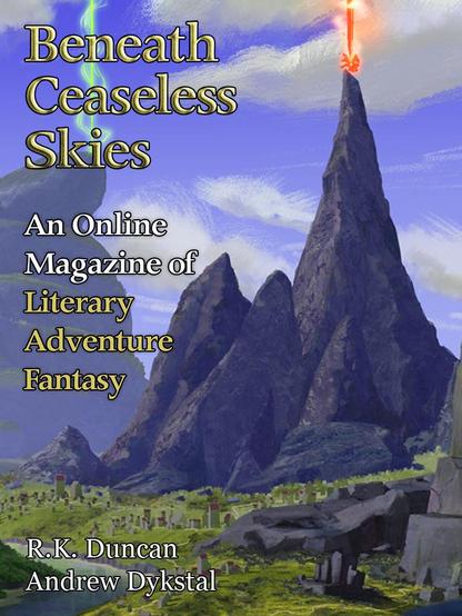 Cover art for BCS #434, featuring a mountainous landscape with weird magical beams erupting from two of the peaks, one green and spiraling, one red and fiery