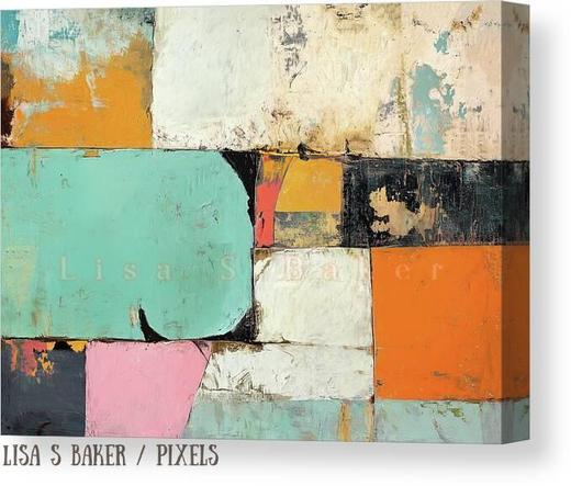 An art print of an abstract that has a worn and rustic look with block colors of teal, orange, pink, cream, and black. Art by Lisa S Baker.
