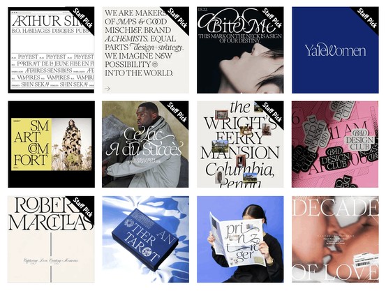 A 4×3 grid with thumbnail images for twelve Uses of Romie, as shown on fontsinuse.com