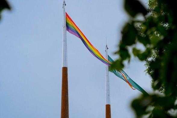 Photograph of an LGBTQIA+ rainbow pennant flag atop a tall flagpole
