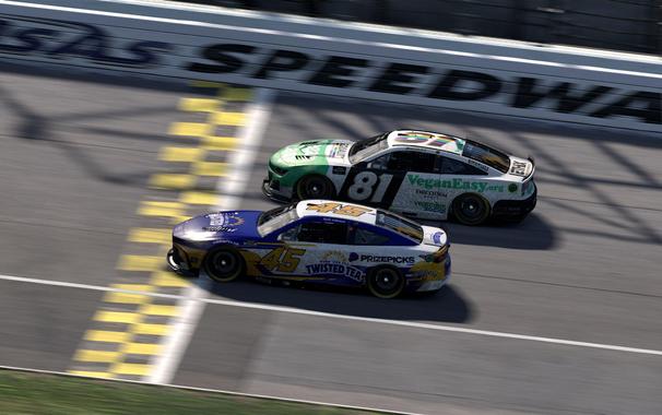 Simulated NASCAR stock cars on track, side by side at Kansas Speedway. Focus on the number 81 Chevrolet. White, green, and black color scheme. VeganEasy.org the primary sponsor.