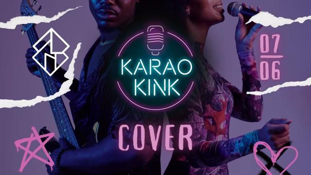 A imagem apresenta dois indivíduos, um segurando um baixo e o outro segurando um microfone, sugerindo um tema musical. O fundo é uma cor roxa sólida, e o foco central é um sinal de néon que lê "KARAOKINK" com um ícone de microfone, indicando um evento de karaokê. Abaixo do sinal, a palavra "COVER" é proeminentemente exibida em rosa. A data "07/06" é mostrada no canto superior direito, provavelmente indicando a data do evento. Os indivíduos estão vestidos com roupas vibrantes, estampadas, com a pessoa à direita usando uma blusa de manga comprida com um design colorido. A imagem inclui vários elementos gráficos, como uma estrela rosa e um coração, acrescentando ao apelo visual. A estética geral é moderna e energética, com uma mistura de neon e gráficos estilo grafite.