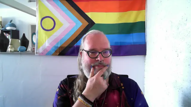Selfie of myself taken from my meeting webcam. It shows me (a non-binary person with long grey hair and a full grey beard, black rimmed glasses, a septum piercing, purple nail polish and bead bracelets in the colors of the non-binary pride flag) with a large progress pride flag (including intersex chevron) behind me. In the background, a corner of my Kallax bookcase is also visible, including Blåhaj perched on top.
