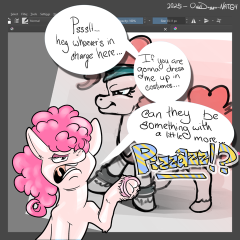 Pinkie Pie the pony from MLP:FIM being drawn on an art program wearing 80s workout gear, while Pinkie Pie the pony pops up in front to address the viewer/artist. "Whoever is in charge here...if you are gonna dress me up in costumes...Can they be something with a little more PIZZAZ!?' Pinkie asks.
