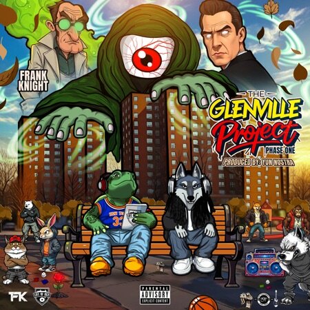 Illustrated album cover for "The Glenville Project Phase One" by Frank Knight, produced by YUN NOSTA, featuring anthropomorphic animals dressed in urban clothing sitting on a park bench in front of city apartment buildings, a large green monster with a single red eye looming above, and various cartoon characters and autumn leaves scattered throughout the vibrant, hip-hop inspired street scene.
