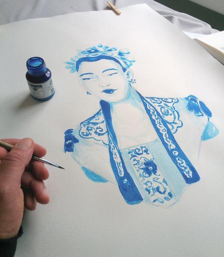 Drawing of the bust of a woman without specific race, aquarel colour on thick paper, painted with blue ink and pensil.