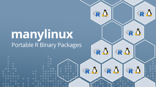 An illustration with the text "manylinux" and "Portable R binary Packages" on the left and a pattern of interconnected hexagons on the right. Many of the hexagons contain a blue "R" and a penguin icon.