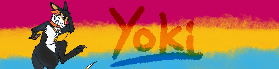 Yoki, a ash black, white and tan kangaroo with a orange collar with tags,  in front of roughly colored Pansexual Pride flag colors.   She's dancing to music on orange headphones.
