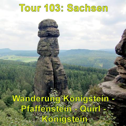 Eine markante, säulenartige Felsformation steht im Vordergrund, umgeben von weiteren Felsstrukturen. Im Hintergrund erstreckt sich ein dichter Wald bis zum Horizont, wo flache Hügel die Landschaft formen. Der Himmel ist bewölkt.
