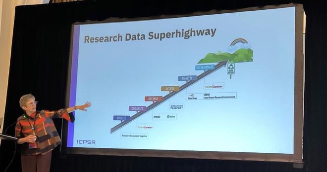 Speaker pointing to a slide. The slide is titled "Research data superhighway" and shows a straight road with different steps in the data creation process along the road. There's a rainbow at the end of the road.