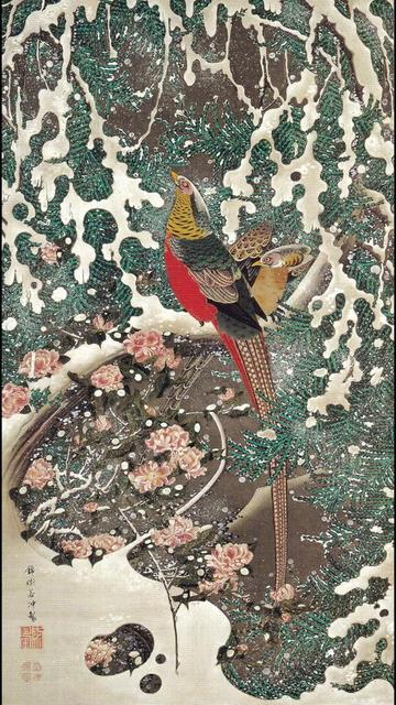 Golden Pheasant in #Snow, by #ItōJakuchū (#ItoJakuchu), 18th c,.