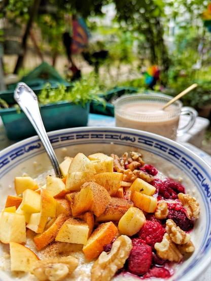 Blick in eine Porzellanschale mit Haferbrei. Als Topping darauf liegen tiefrote, aufgetaute Himbeeren, Apfelstücke und Walnussstücke. Ein Teil der Äpfel sind mit einem Gewürzpuder bestäubt. Ein großer, silberner Esslöffel steckt im Brei. Im Hintergrund eine gläserne Kaffeetasse mit Milchkaffee eine Plastikschale mit Setzlingen und diverse, verschwommene grüne Büsche und bunte Gartendeko.