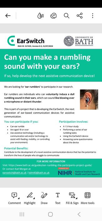 Screenshot of a recruitment poster from University of Bath (UK).
Headline "Can you make a rumbling sound with your ears?"
Further info ends with a contact URL - see following post.