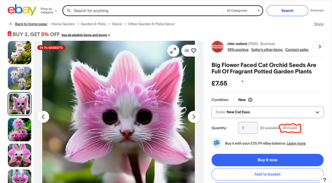 Clearly AI-generated cat faced plant picture in listing of plant seeds for sale on eBay UK. 203 have been sold.