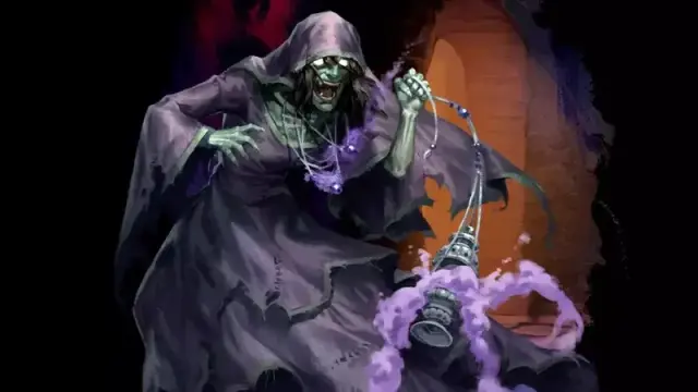 Art for the new "Monsters of Drakkenheim" book on D&D Beyond, featuring a lich conducting a ritual in a chamber.